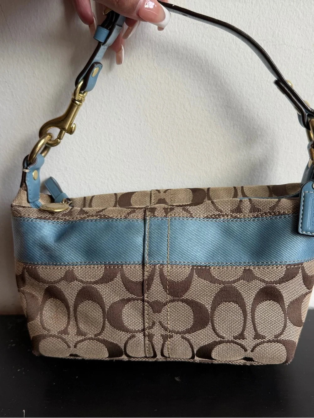 Vintage Y2K Coach 11206 Signature Stripe Demi Shoulder Bag Baby Blue 2007